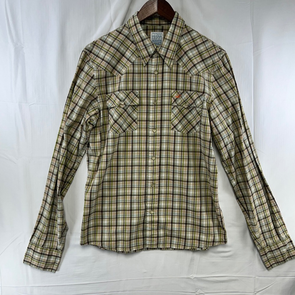 Hollister Western Button Up Mens M Green Plaid Pearl Snap Yoke Shirt Vintage